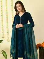 Myshka Women's Teal Velvet Kurta & Trousers With Dupatta Party Sets | Grocsy