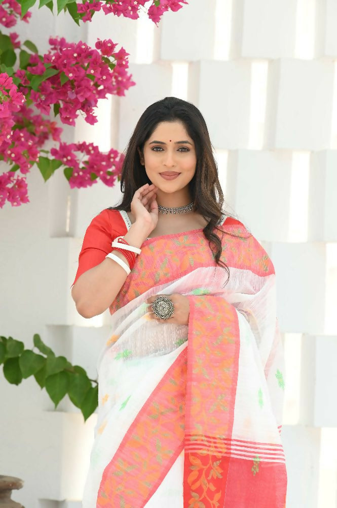 Beatitude White Slub Cotton Floral Jamdani Saree | Grocsy