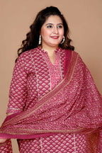 Miravan Women Plus Size Pink Straight Floral Printed Kurta & Palazzo With Dupatta | Grocsy