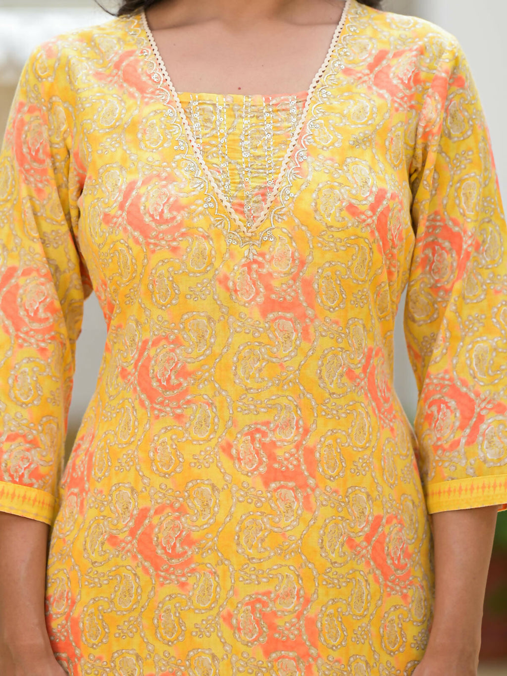Juniper Women's Yellow Ethnic Motif Printed Cotton Kurta Pant With Dupatta Set With Sequins & Lace | Grocsy