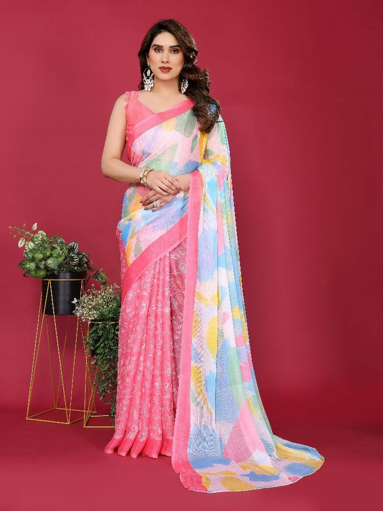 PR Fashion Pink Moss Chiffon Printed Saree | Grocsy