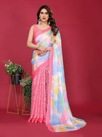 PR Fashion Pink Moss Chiffon Printed Saree | Grocsy