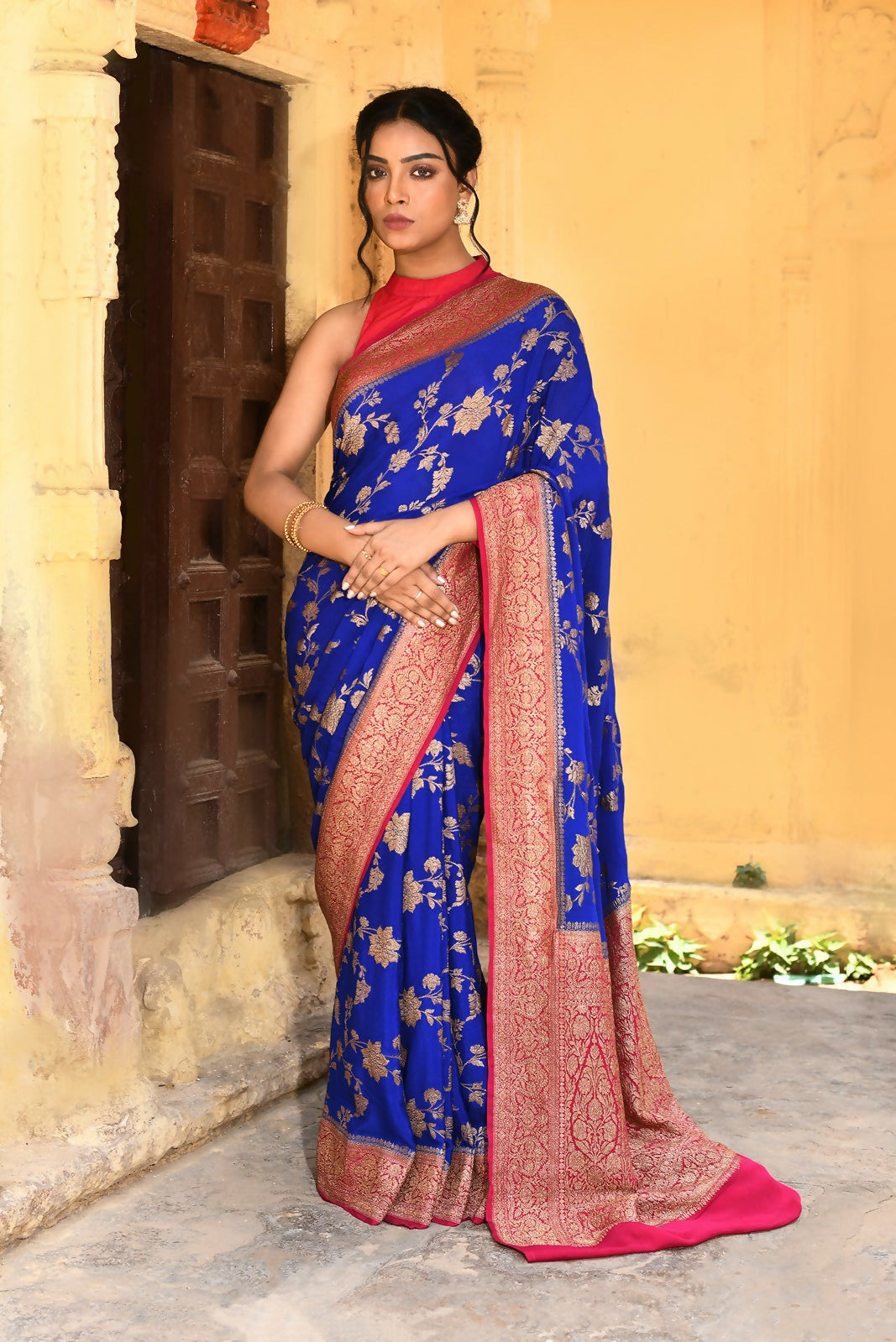 Joban Fashion Ink Blue Crepe Chiffon Pure Handloom Banarasi Silk Saree | Grocsy