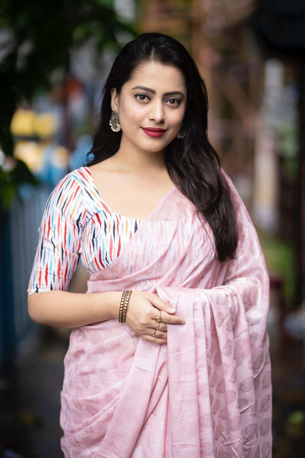 Pink Poly Crepe Ethnic Motifs Saree with Unstitched Blouse - Hiral Fashion | Grocsy