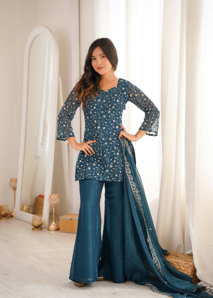 Teeya Creation Teal Blue Embroidered Short Kurti Sharara Suit Set With Dupatta | Grocsy