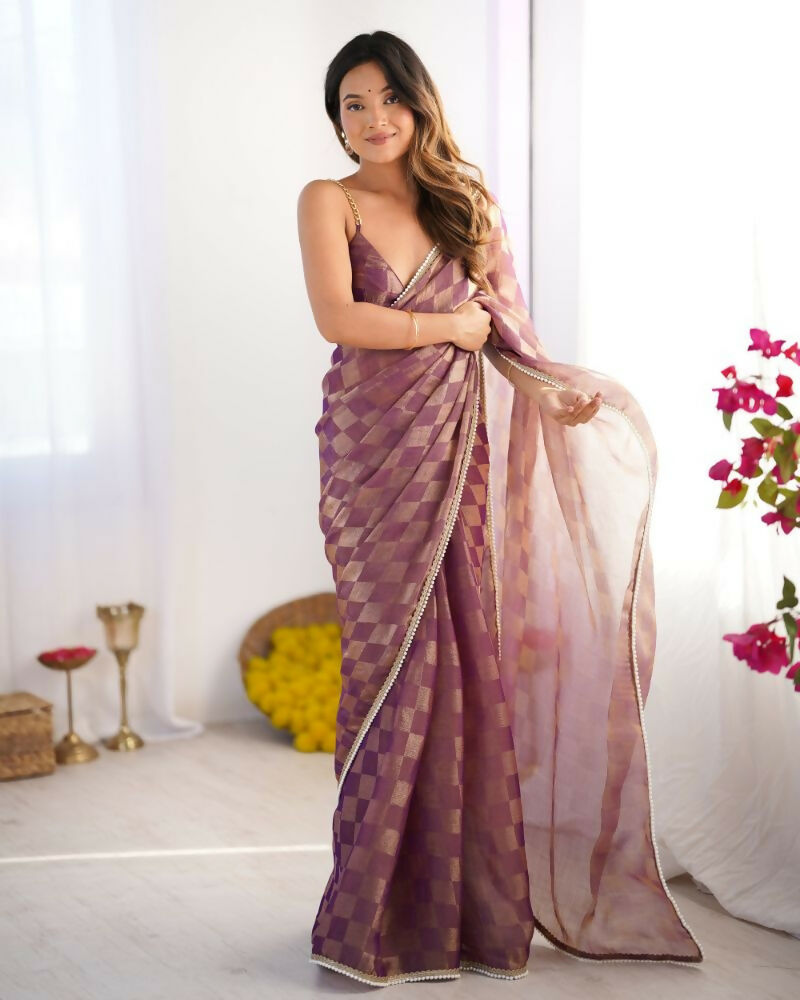 NC Chiffon Chex Wevon Chex Designer, Lace Party Wear Saree - Purple | Grocsy