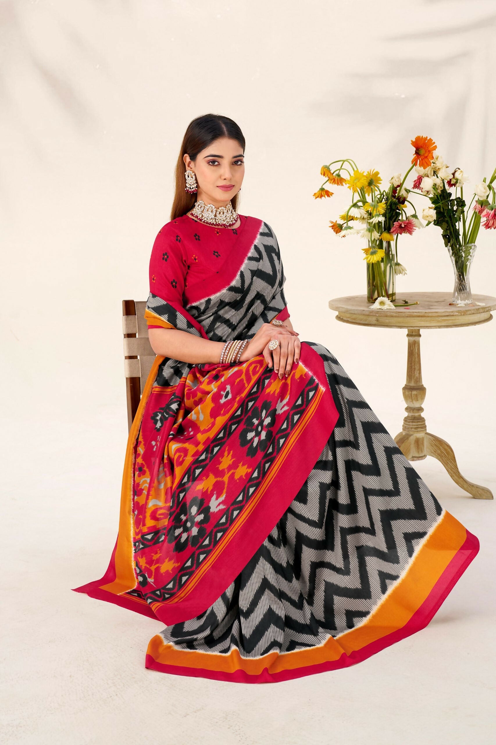 Vastranavya Black Tussar Silk Zigzag Waves Printed Saree with Unstitched Blouse | Grocsy
