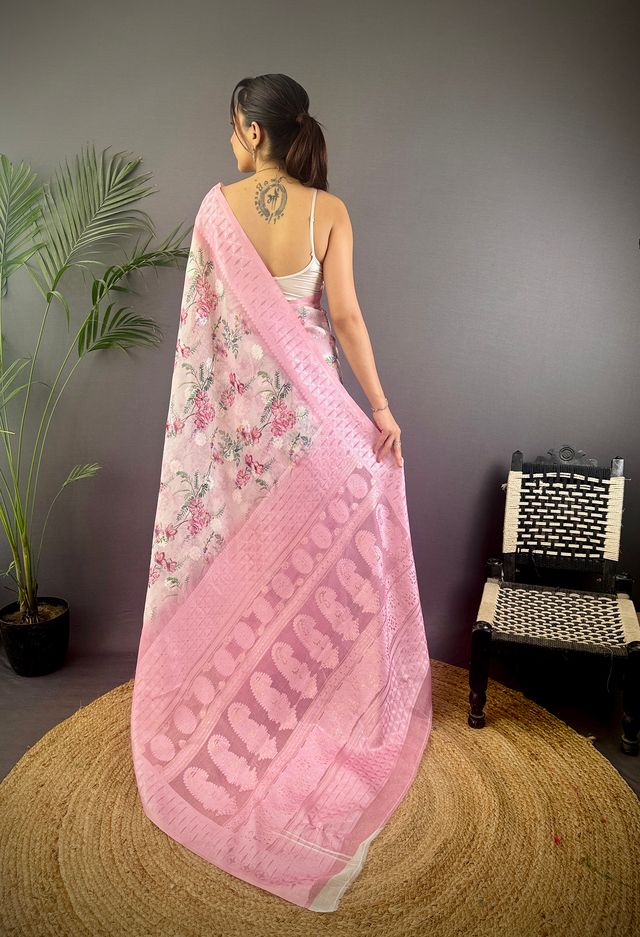 Elora Baby Pink Silk Floral Motifs Coppery Tone Contrast Floral Border Banarasi Saree | Grocsy