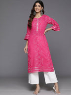Ahalyaa Women Beige Floral Printed Regular Gotta Patti Kurta - Pink | Grocsy