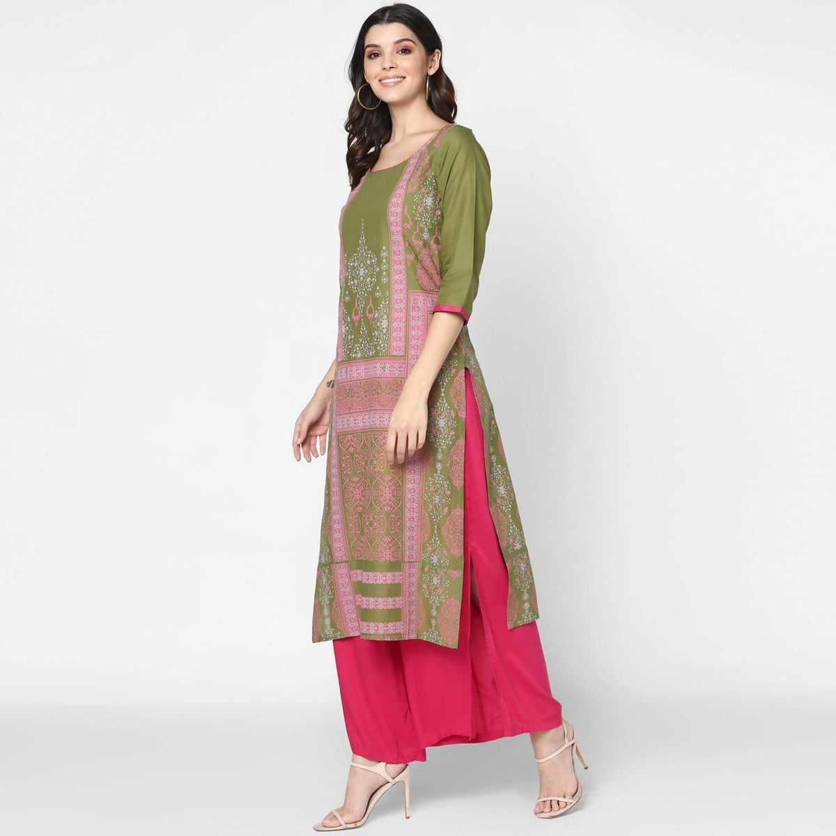 Cheera Hand Block Print Olive Green & Magenta Straight Kurta With Palazzo (MAAI-073K) | Grocsy