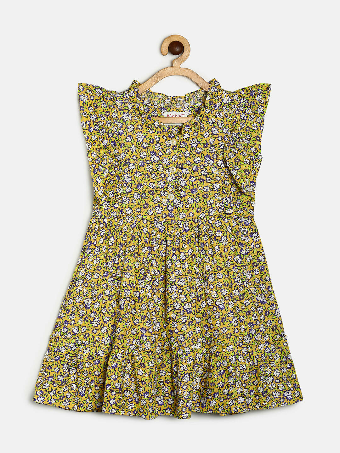 Manet Girls Cotton Frill Sleeve Frock Flower Print - Mustard Yellow | Grocsy