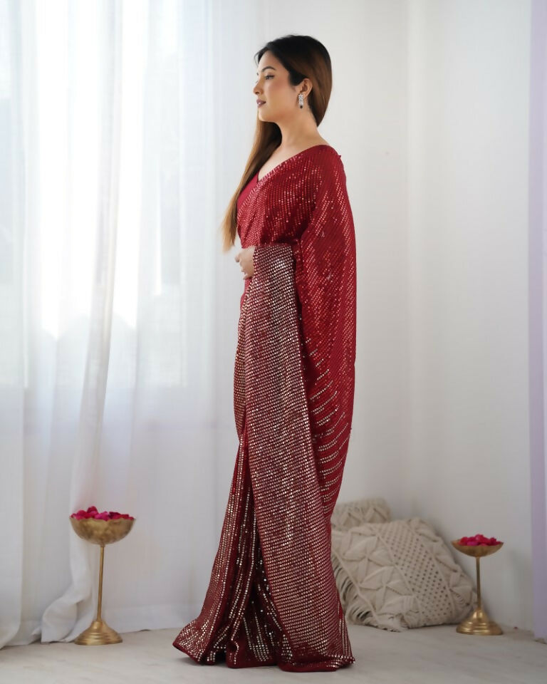 Red Georgette Designer Sequence Embroidery Work Saree - Sitare | Grocsy