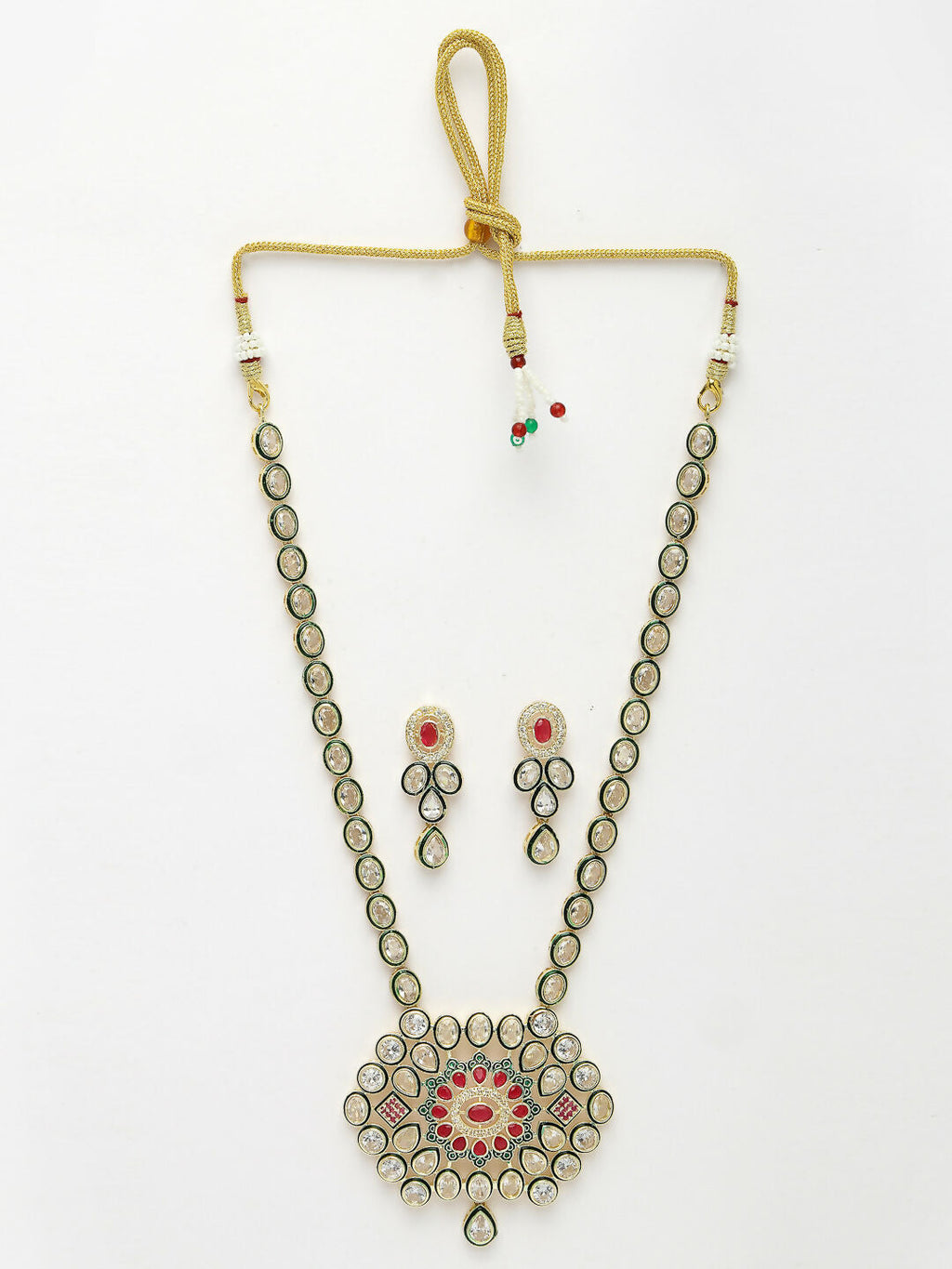 NVR Women's Red & Gold Kundan Studded Handcrafted Jewellery Set | Grocsy