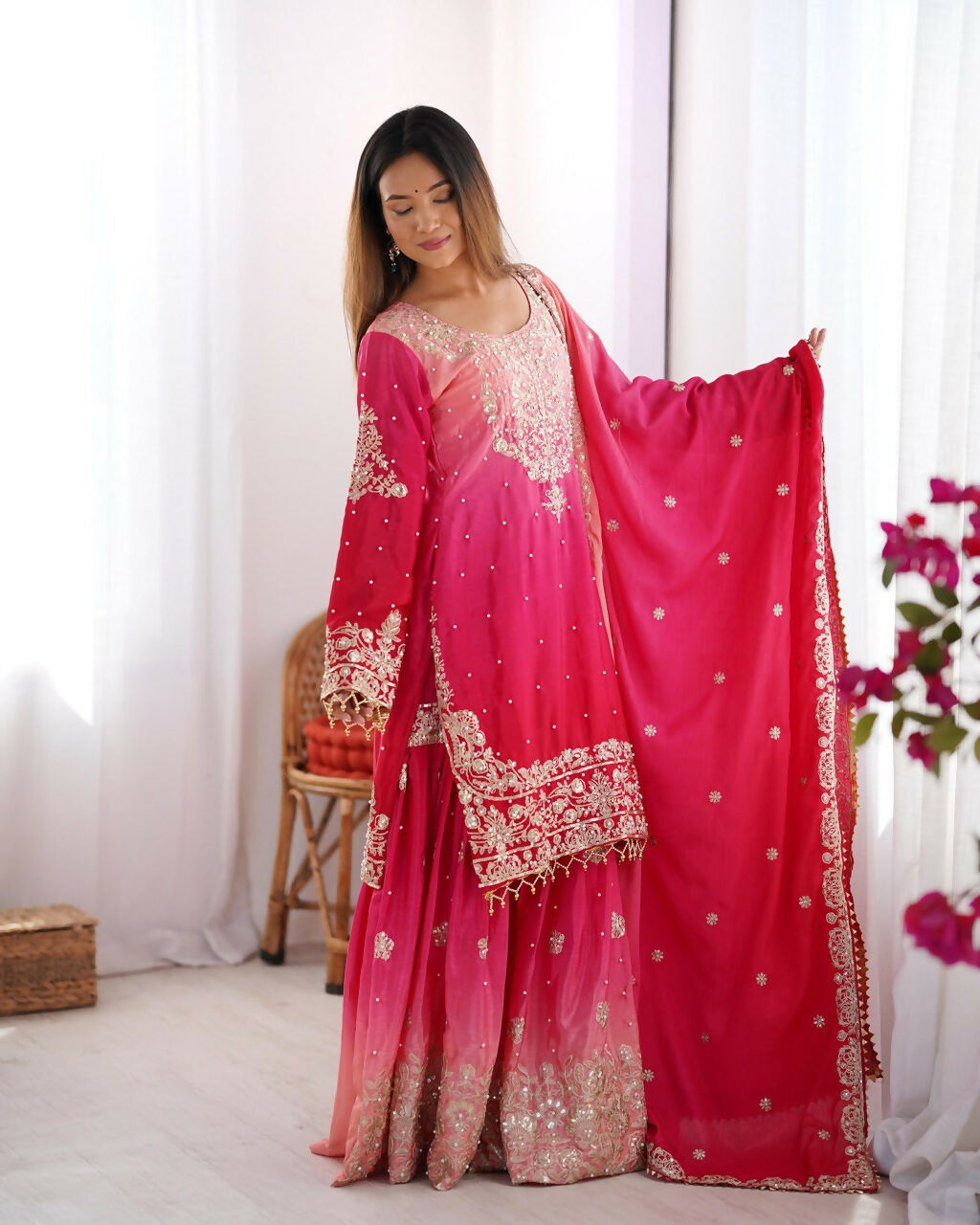 The52 Women's Beautiful Chinon silk Fabric Embroidery Work Straight Kurta Palazzo and Dupatta Set | Grocsy