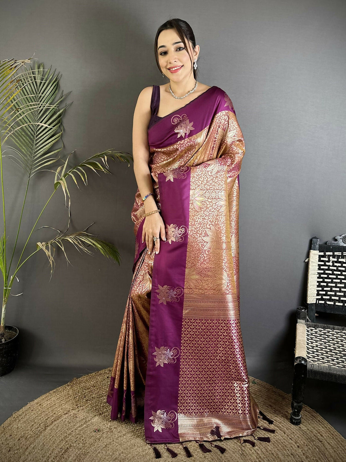 Joban Fashion Wine Intricate Zari Weaving Soft Silk Dharmavaram Saree | Grocsy