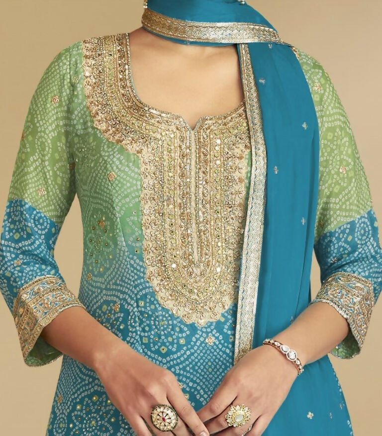 Vastranavya Bandhej Printed Chinon Chiffon Embroidered Sequins Pakistani Suit | Grocsy