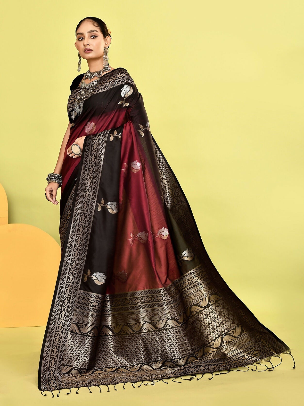 Joban Fashion Maroon & Black Plain With Weaving Border Banarasi Silk Sarees | Grocsy