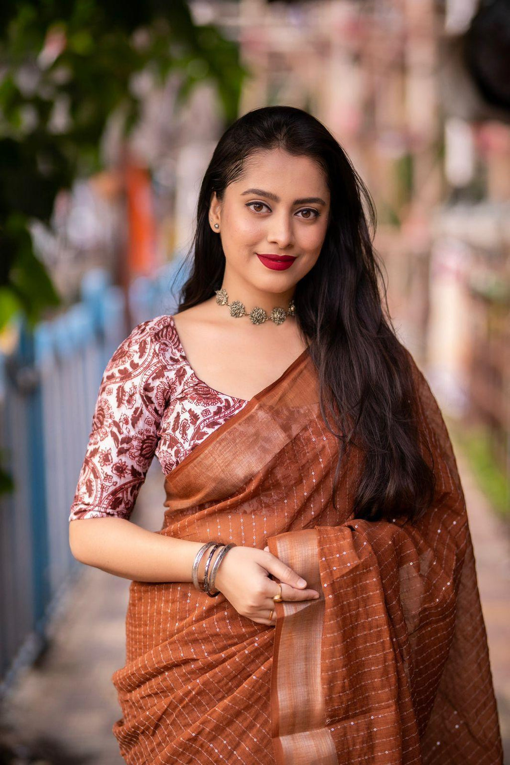 Brown Linen Sequence Saree with Unstitched Blouse - Hiral Fashion | Grocsy