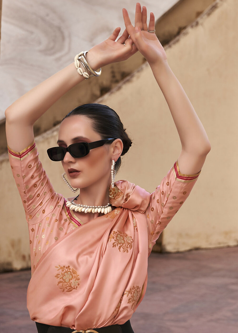 Coral Pink Pure Satin Zari Weaving Wedding Festive Saree - Emponline | Grocsy