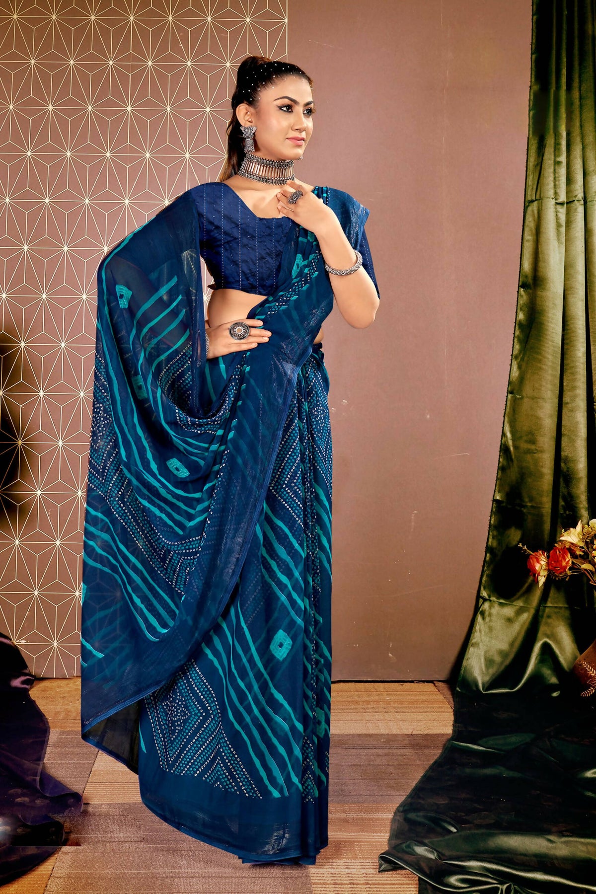 Navy Blue Chiffon Leheriya Printed Saree With Unstitched Blouse Piece - Shanaya | Grocsy