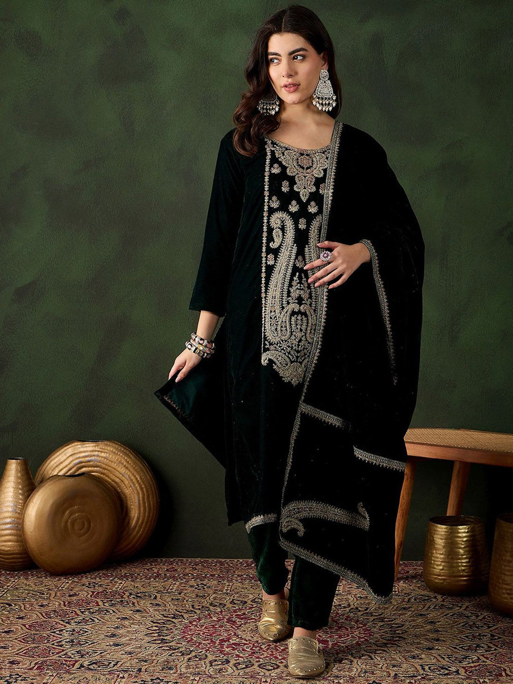 Sangria Floral Embroidered Straight Kurta & Trousers With Dupatta | Grocsy