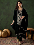 Sangria Floral Embroidered Straight Kurta & Trousers With Dupatta | Grocsy
