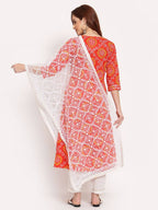 Myshka Women's Orange Printed Cotton 3/4 Sleeve Round Neck Casual Kurta Pant Dupatta Set | Grocsy