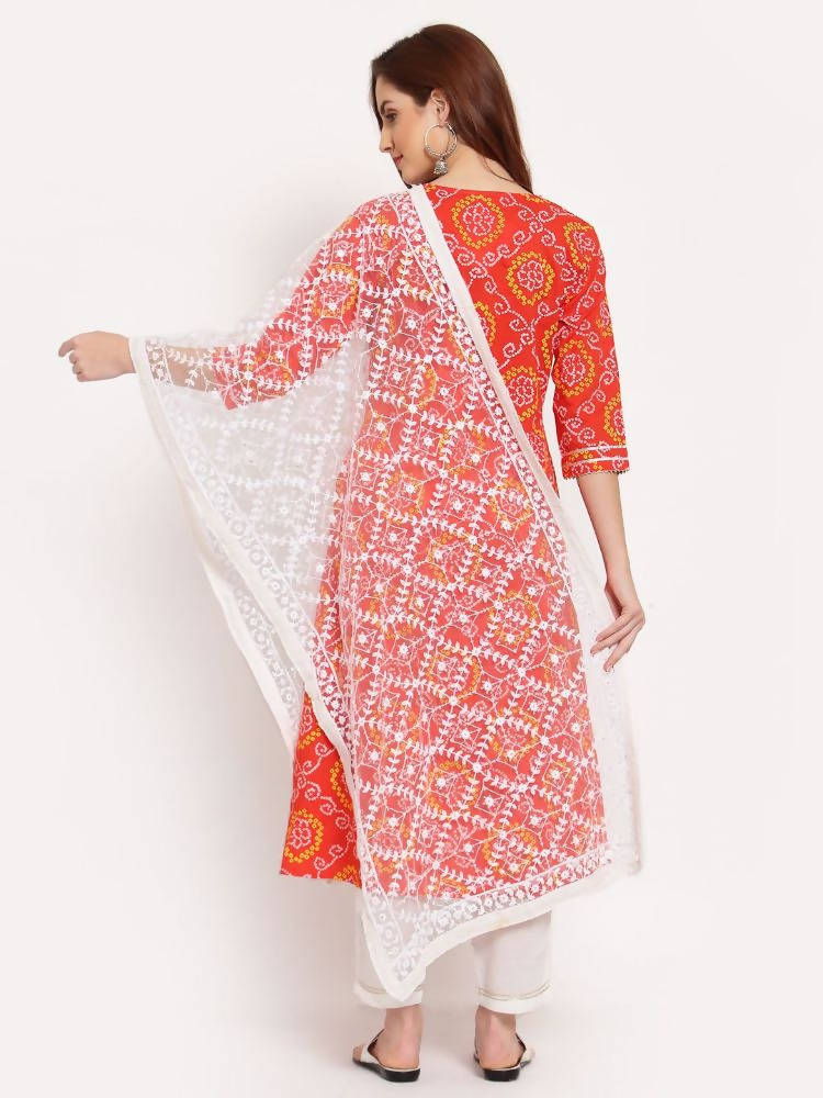 Myshka Women's Orange Printed Cotton 3/4 Sleeve Round Neck Casual Kurta Pant Dupatta Set | Grocsy