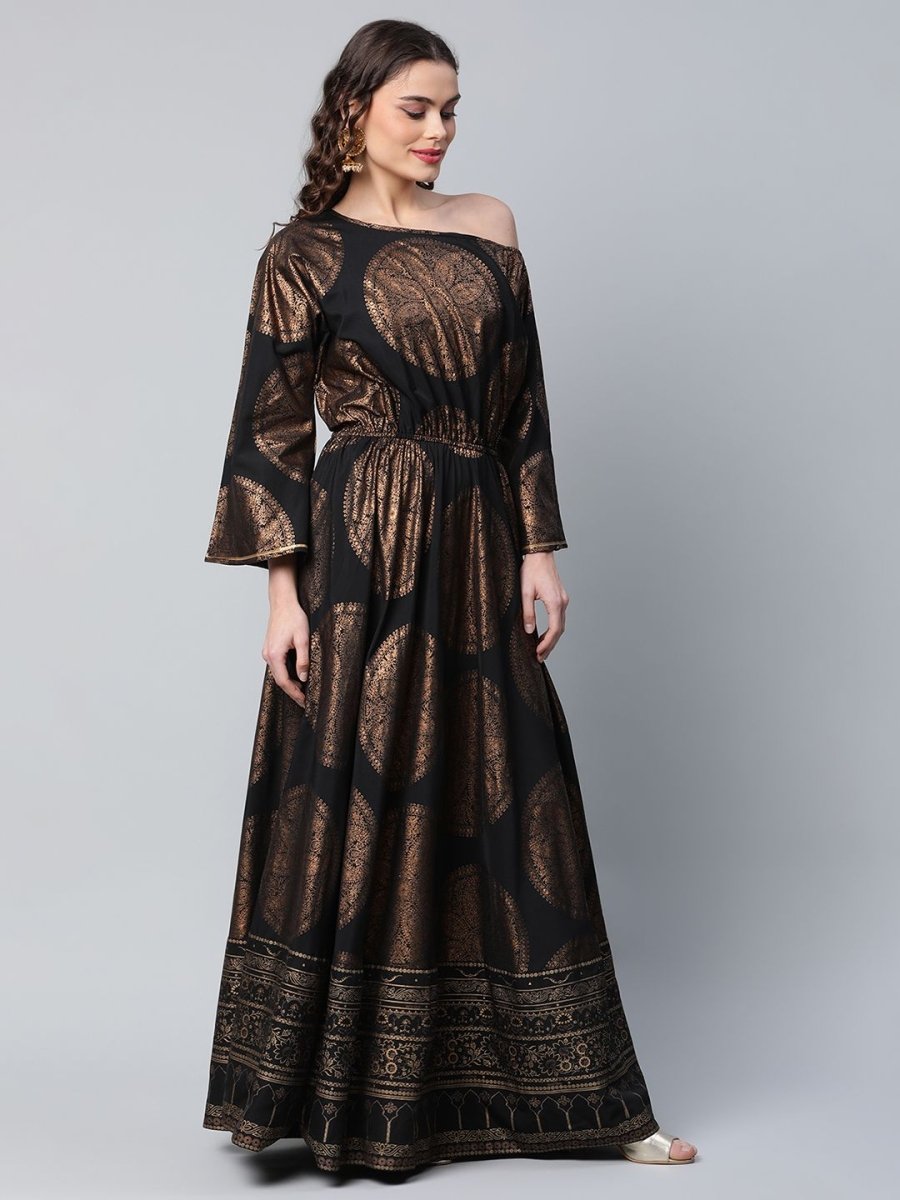 Ahalyaa Womens Black Crepe Copper Foil Printed Maxi Dress | Grocsy