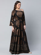 Ahalyaa Womens Black Crepe Copper Foil Printed Maxi Dress | Grocsy