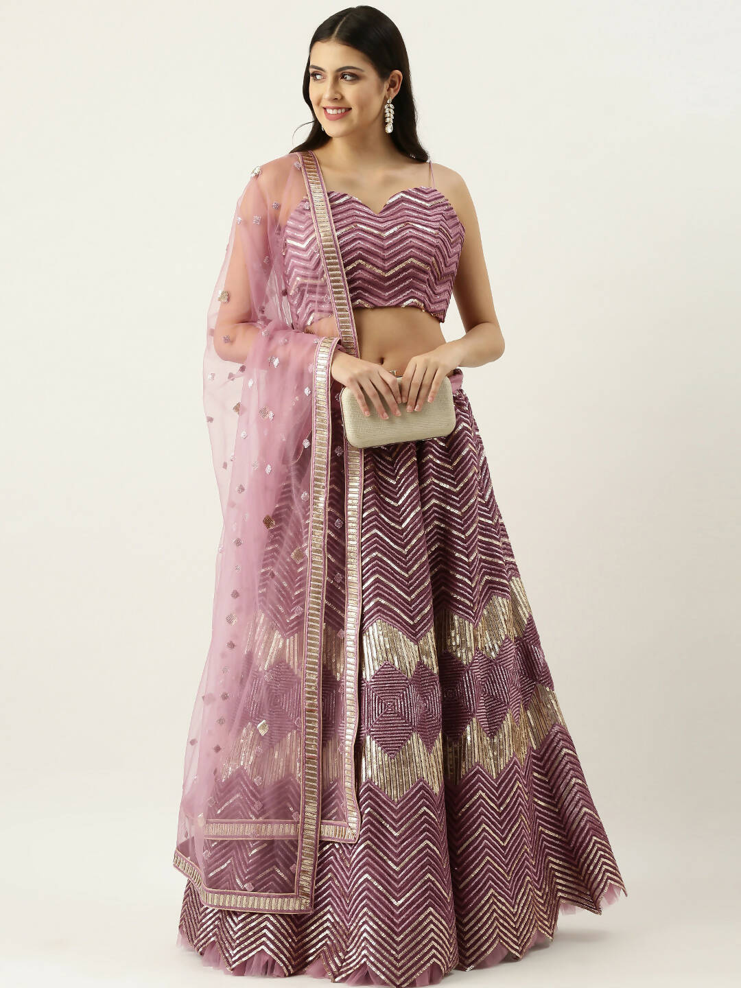 House of Panchhi Lavender - Net Embroidered Lehenga with Zig-Zag Pattern | Grocsy