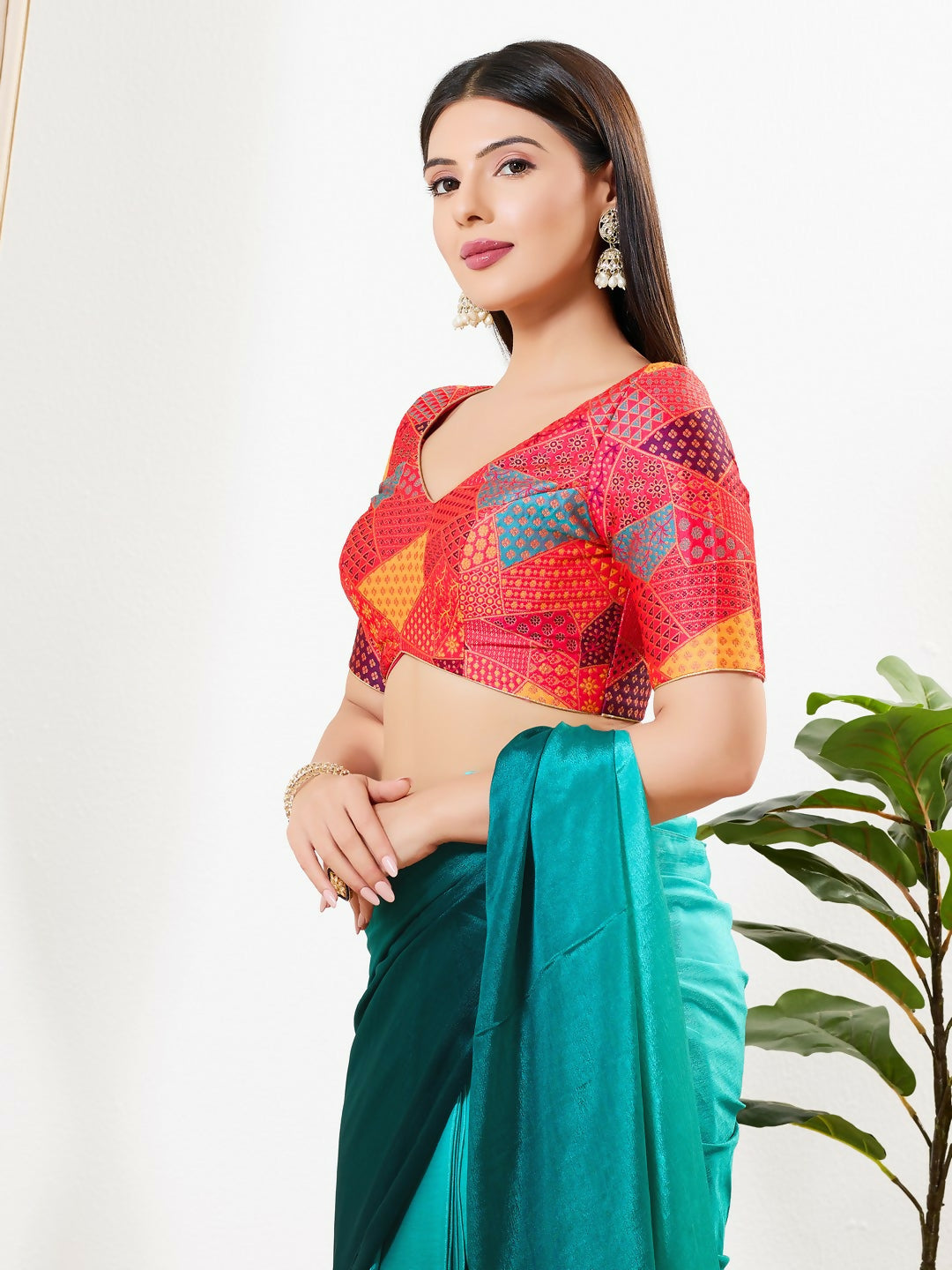 Joban Fashion Red Brocade Padded Blouse With V Neck Elbow Sleeves | Grocsy