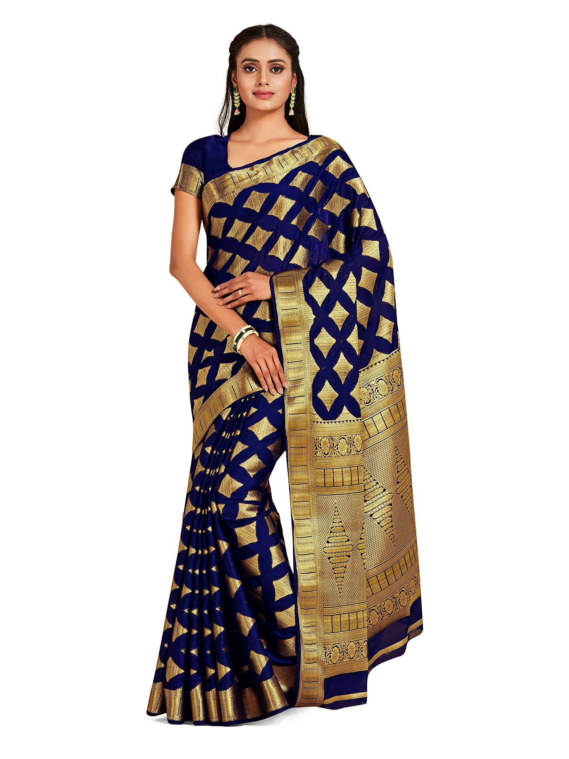 Mimosa Women's Mysore Silk Crepe Dark Blue Saree | Grocsy