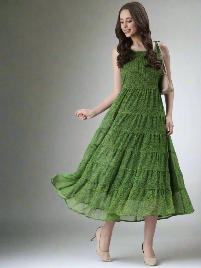 Souchii Green Varlie Printed Tiered Dress – Flowy Fit & Flare | Grocsy