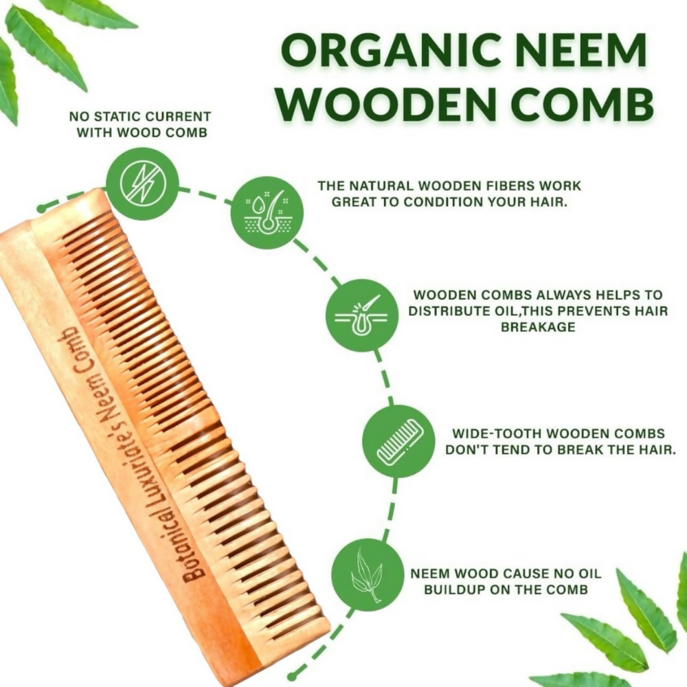 Botanical Luxuriate 100% Pure Neem Wood Comb Dual Tooth With Soft Edges | Grocsy