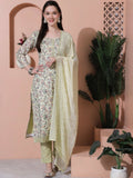 Jyoti Fashion Women's Green Cotton Floral Digital Printed Kurta with Trouser & Dupatta | Grocsy
