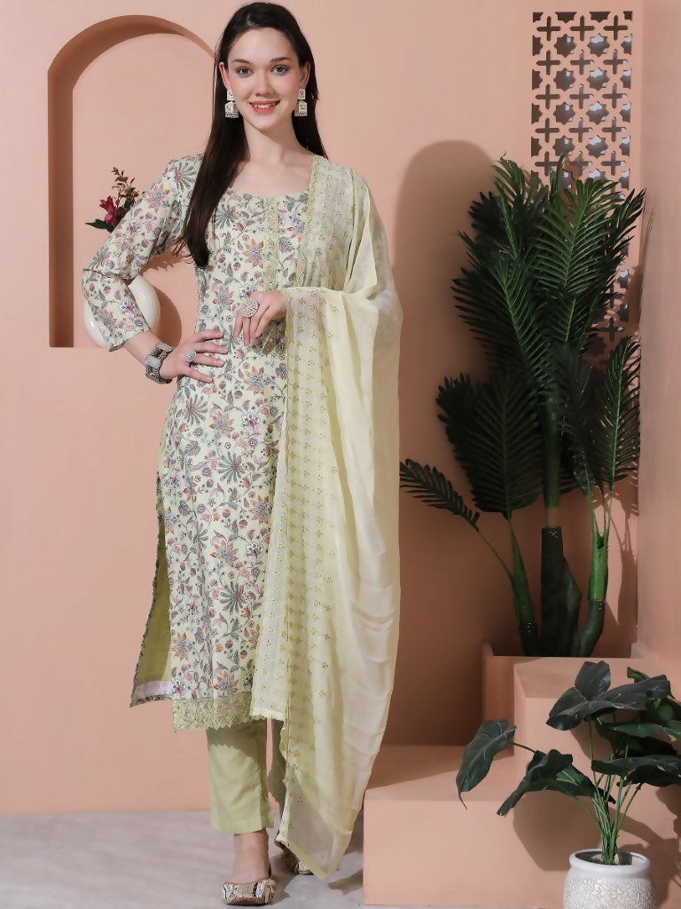 Jyoti Fashion Women's Green Cotton Floral Digital Printed Kurta with Trouser & Dupatta | Grocsy