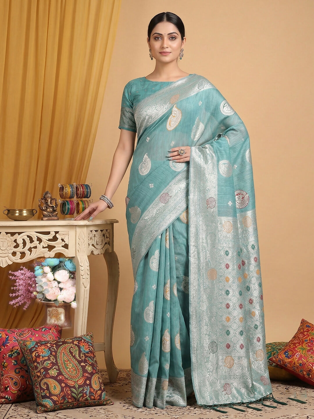 Shree Shyam Fashion Sea Green Linen Cotton Saree | Grocsy