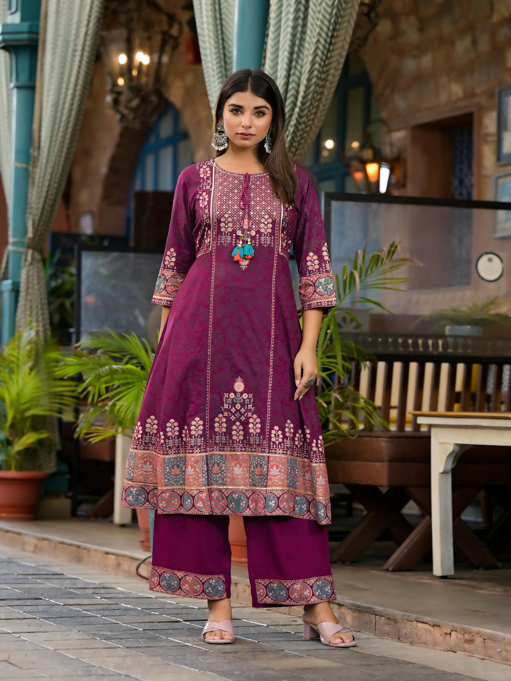 Juniper Women's Plum Floral Printed Liva Rayon Kurta Pant And Dupatta Set With Thread Work Gota Patti & Beads | Grocsy