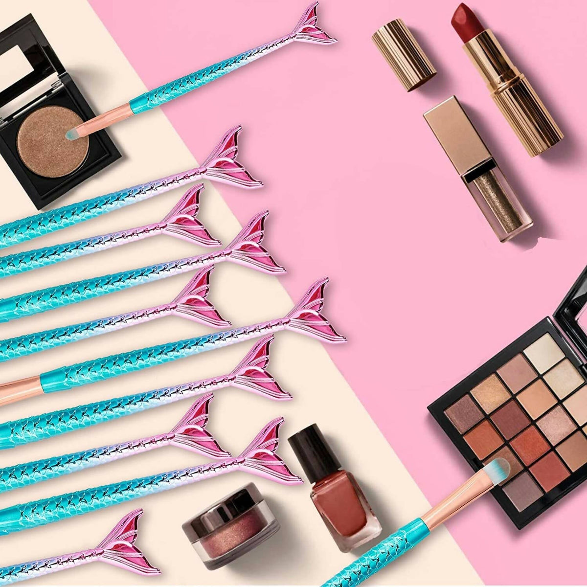 Favon Pack of 10 Professional Mermaid Shaped Makeup Brushes | Grocsy