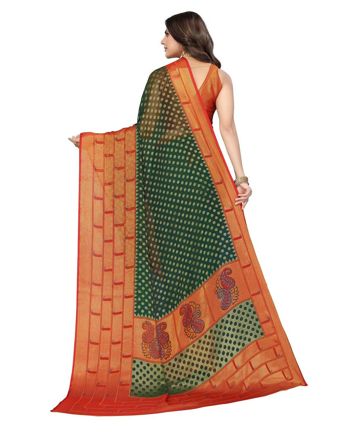 Vamika Green Chiffon Brasso Bollywood Style Woven Saree (DIMPLE GREEN) | Grocsy