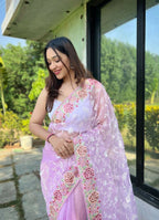 Vamsee Zoya Lavender Organza Silk Saree | Grocsy