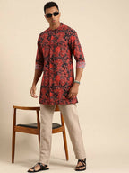 Red & Black Men pure Cotton Floral Printed Straight Kurta - Mahotsav | Grocsy