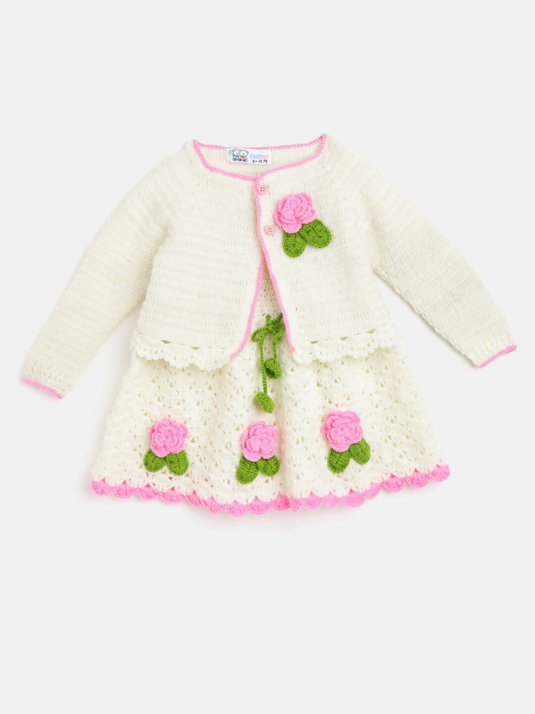 Chutput Kids Woollen Hand Knitted Full Sleeves Cardigan With Short Sleeves Flower Work Dress For Baby Girls - Cream | Grocsy