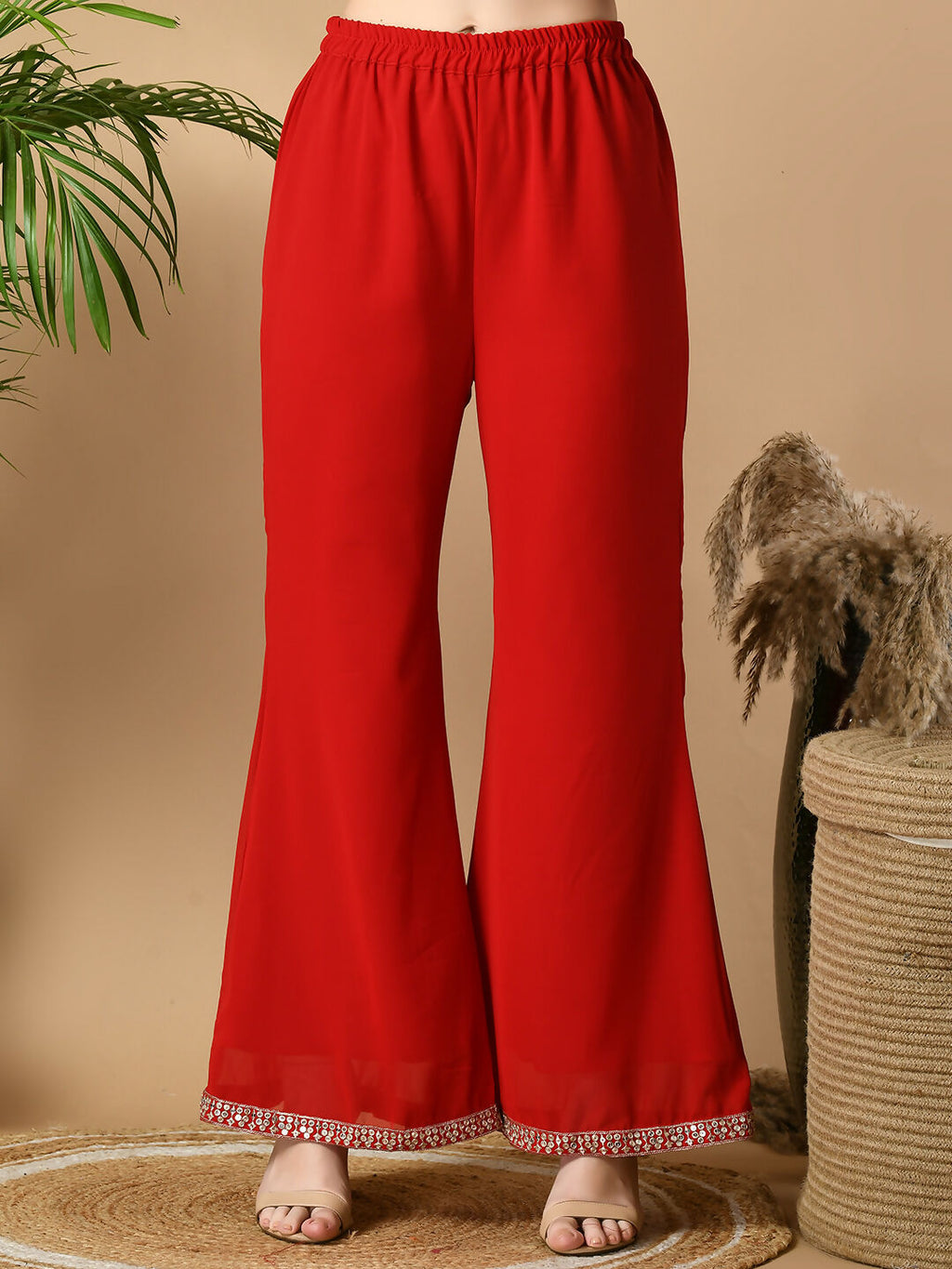 Myshka Women's Red Georgette Top & Palazzos With Dupatta Party Sets | Grocsy