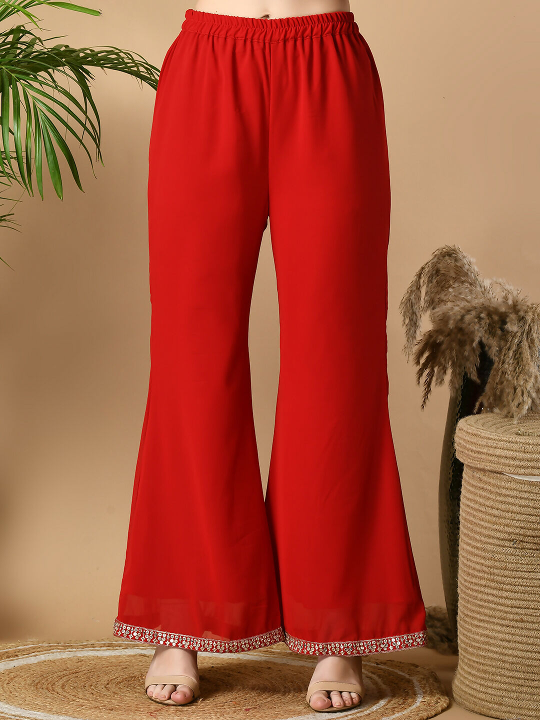 Myshka Women's Red Georgette Top & Palazzos With Dupatta Party Sets | Grocsy