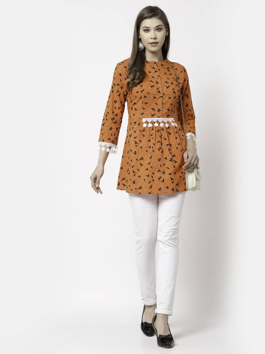 Myshka Women Orange Pure Cotton Printed 3/4 Sleeve Round Casual Tunic | Grocsy