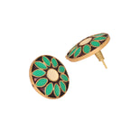 Nuyug 22K Gold Plated Circular Shaped Sea Green Enamelled Floral Motif Studs | Grocsy