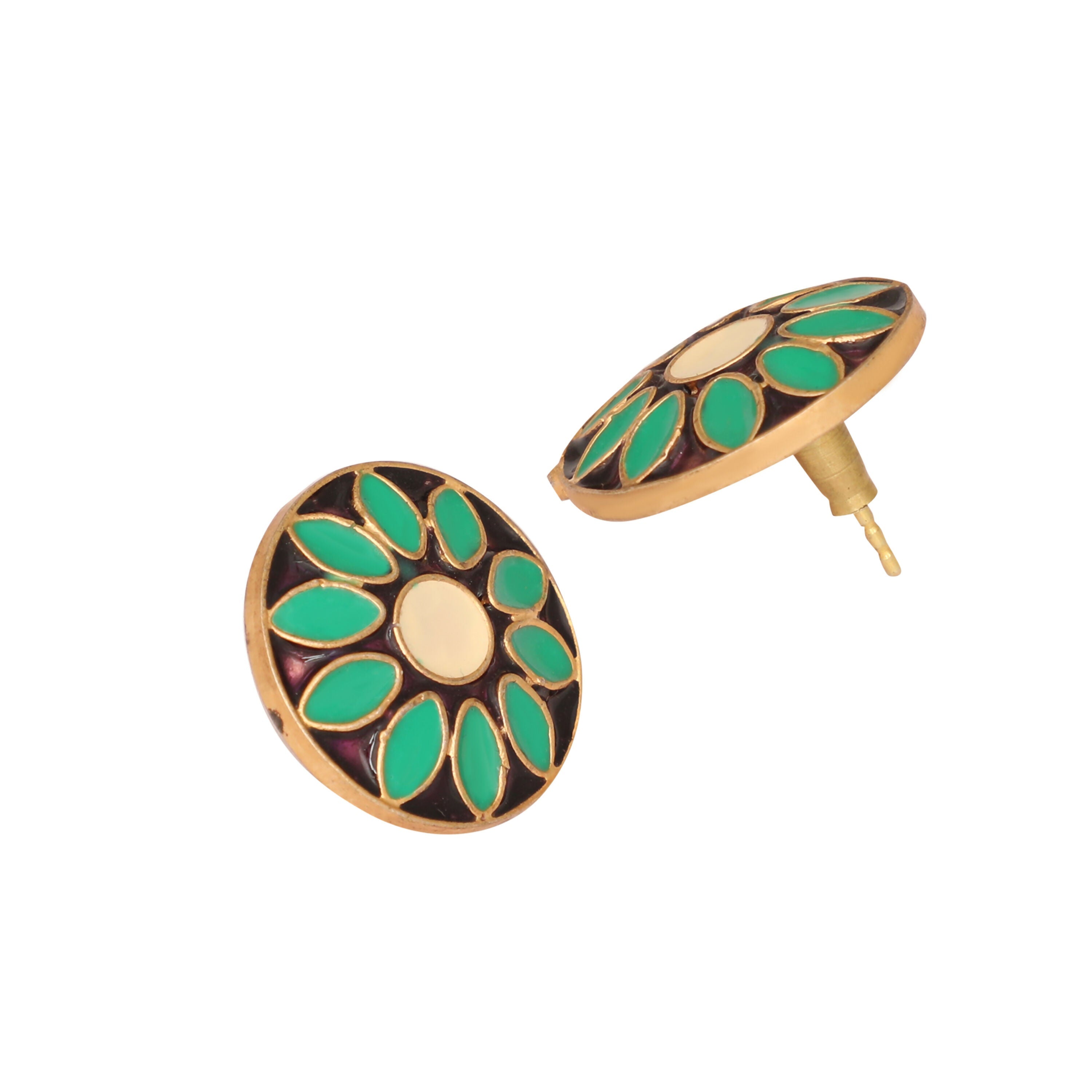 Nuyug 22K Gold Plated Circular Shaped Sea Green Enamelled Floral Motif Studs | Grocsy