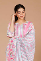 Miravan Women's Cotton Pink Floral Printed Straight Kurta Palazzo With Dupatta | Grocsy